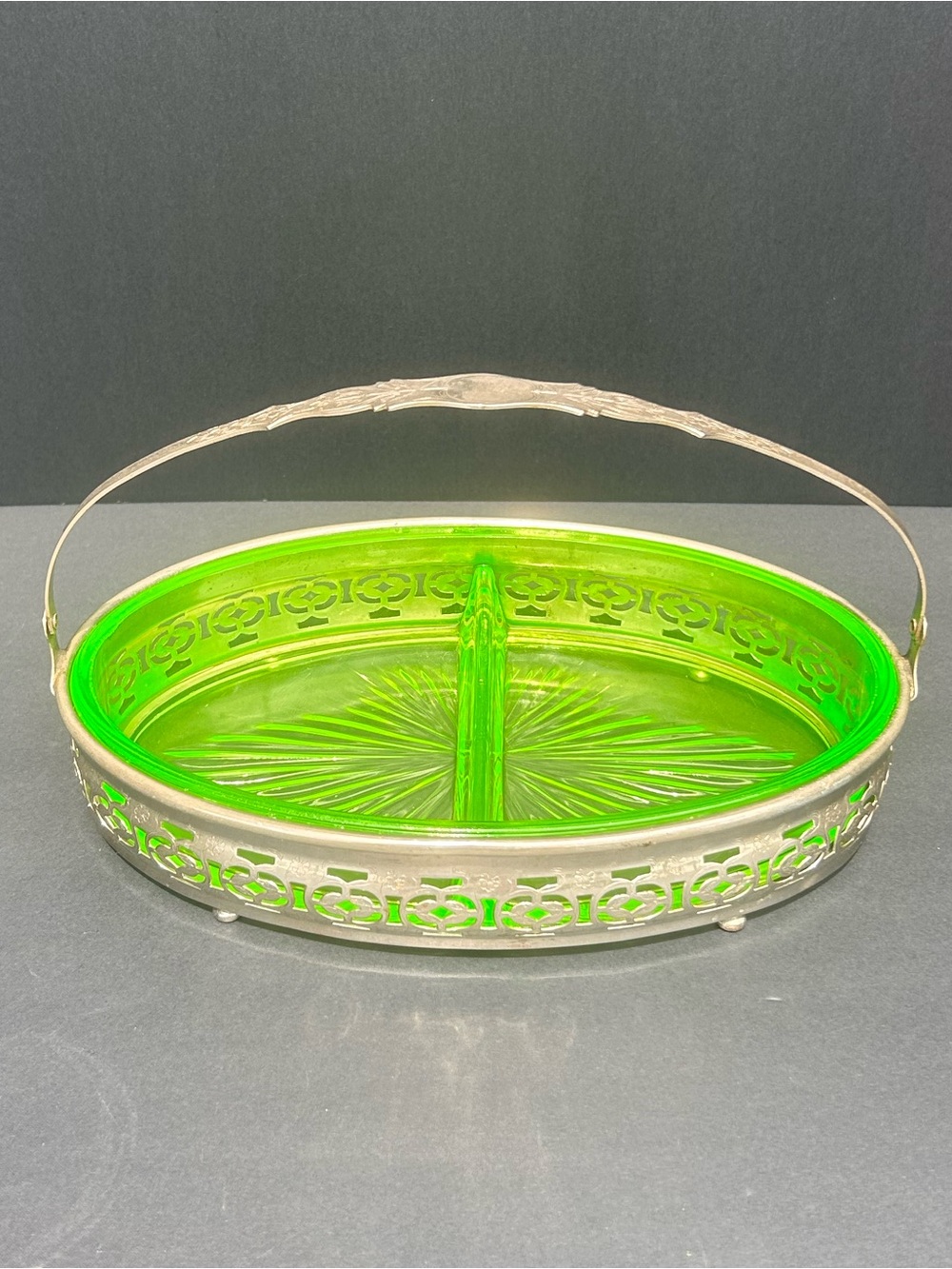 Vintage Green Glass Depression Era Divided Dish with Metal Carrier Oval